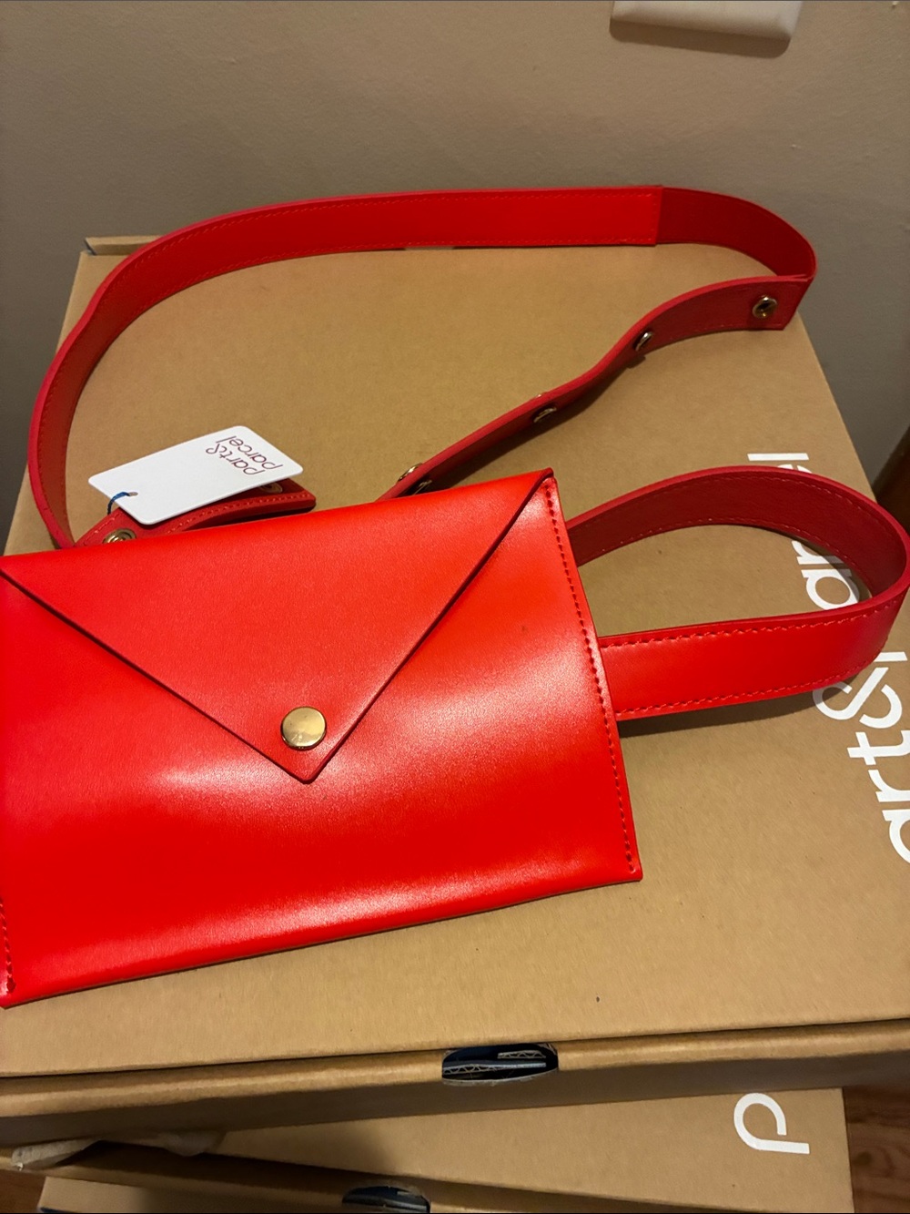 Red Envelope-Style Crossbody Belt Bag with Gold Snap